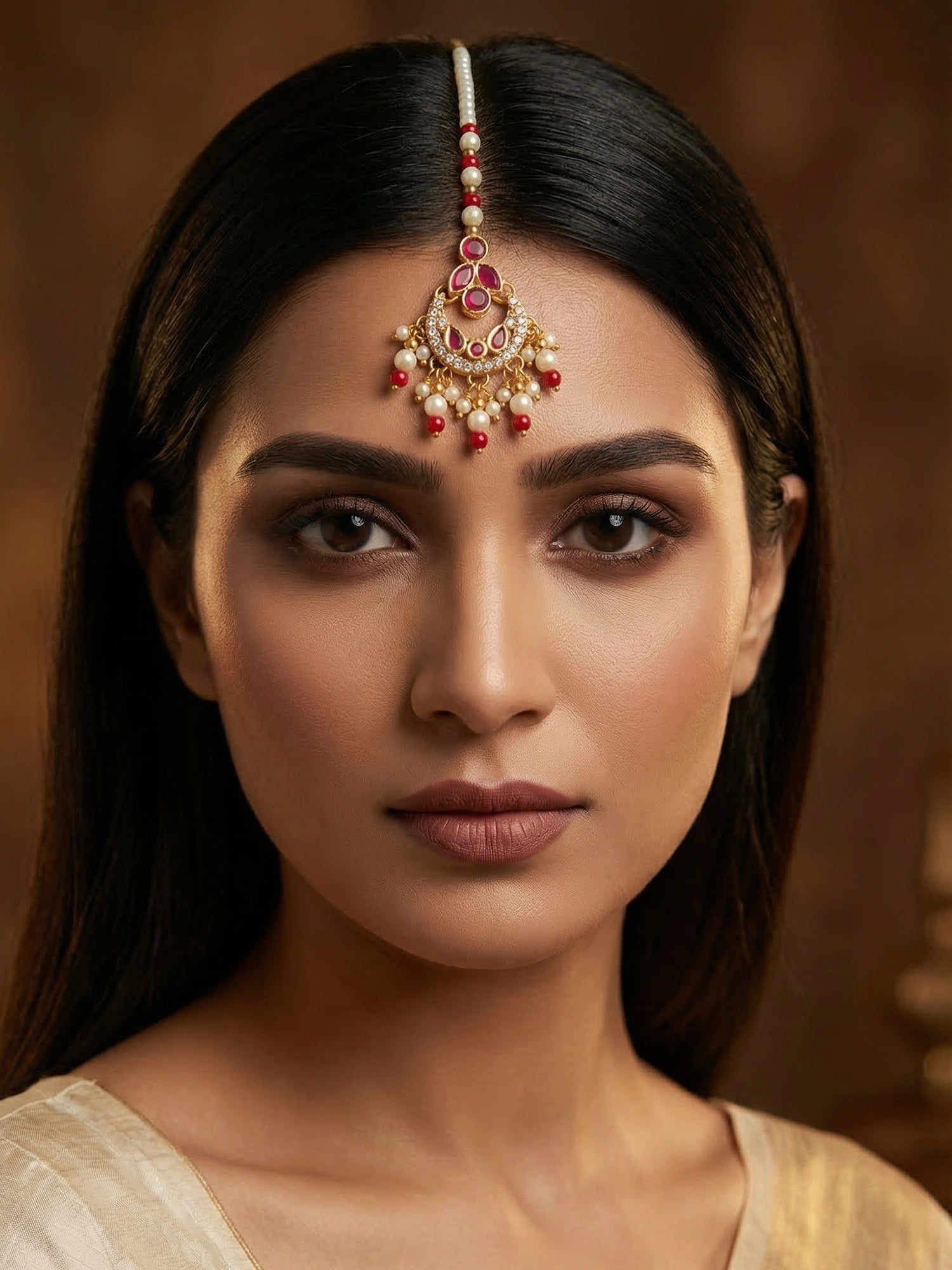 Aadita Gold Plated Ruby Stone Flower Pendant Mangtika with Pearl and Red Bead Chain