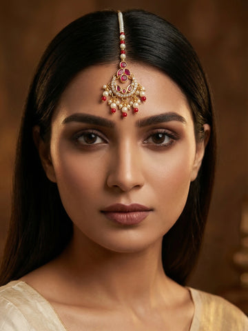 Aadita Gold Plated Ruby Stone Flower Pendant Mangtika with Pearl and Red Bead Chain