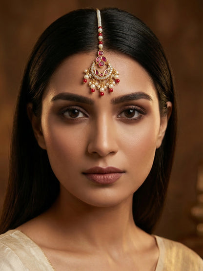 Aadita Gold Plated Ruby Stone Flower Pendant Mangtika with Pearl and Red Bead Chain