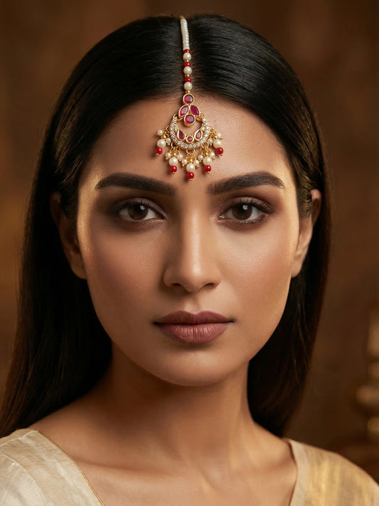Aadita Gold Plated Ruby Stone Flower Pendant Mangtika with Pearl and Red Bead Chain