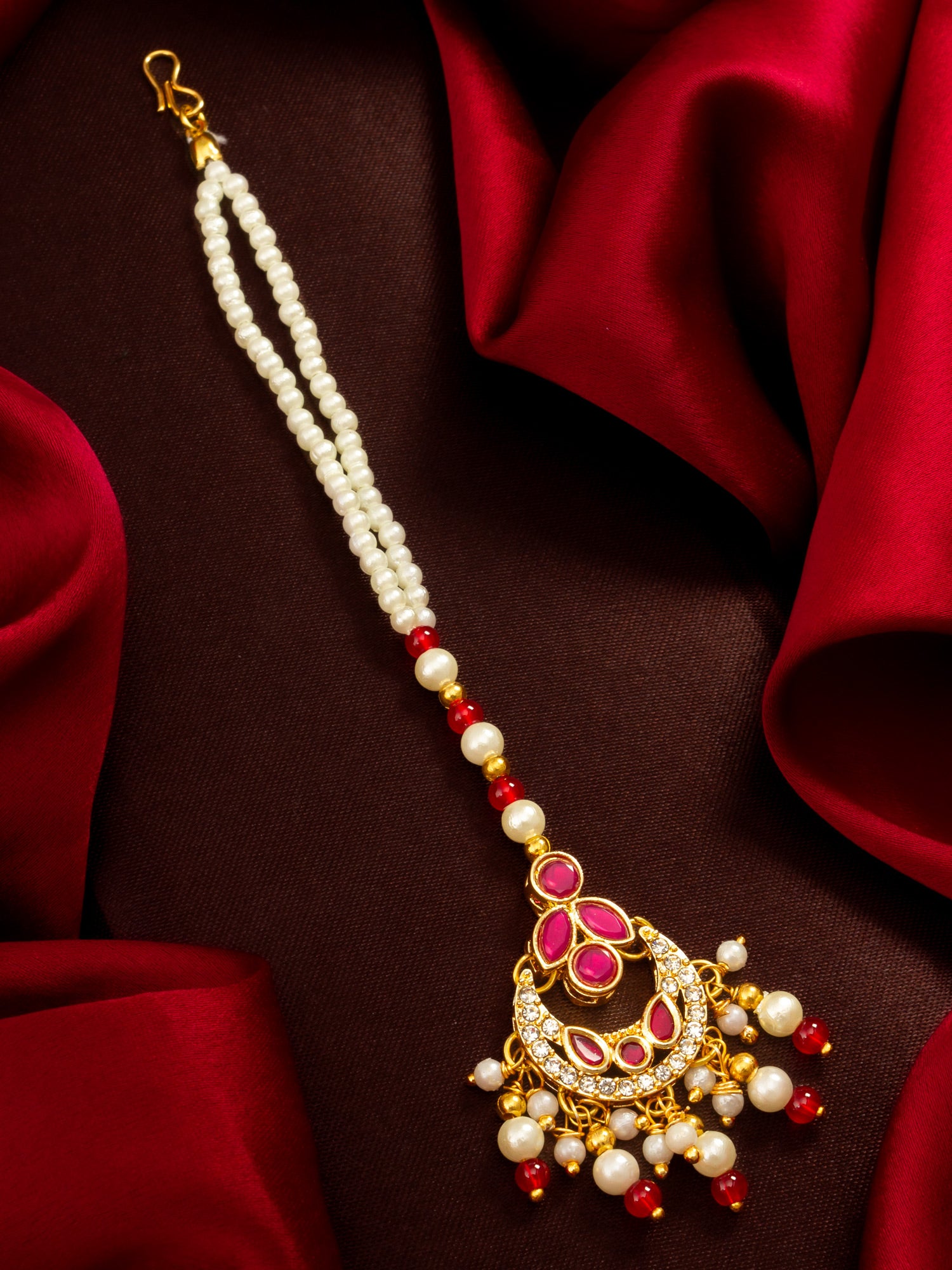 Aadita Gold Plated Ruby Stone Flower Pendant Mangtika with Pearl and Red Bead Chain