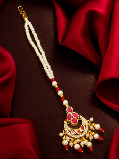 Aadita Gold Plated Ruby Stone Flower Pendant Mangtika with Pearl and Red Bead Chain
