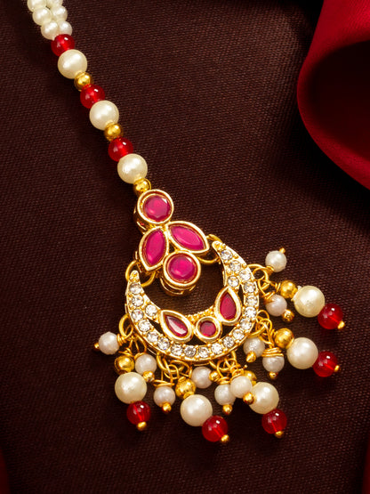 Aadita Gold Plated Ruby Stone Flower Pendant Mangtika with Pearl and Red Bead Chain