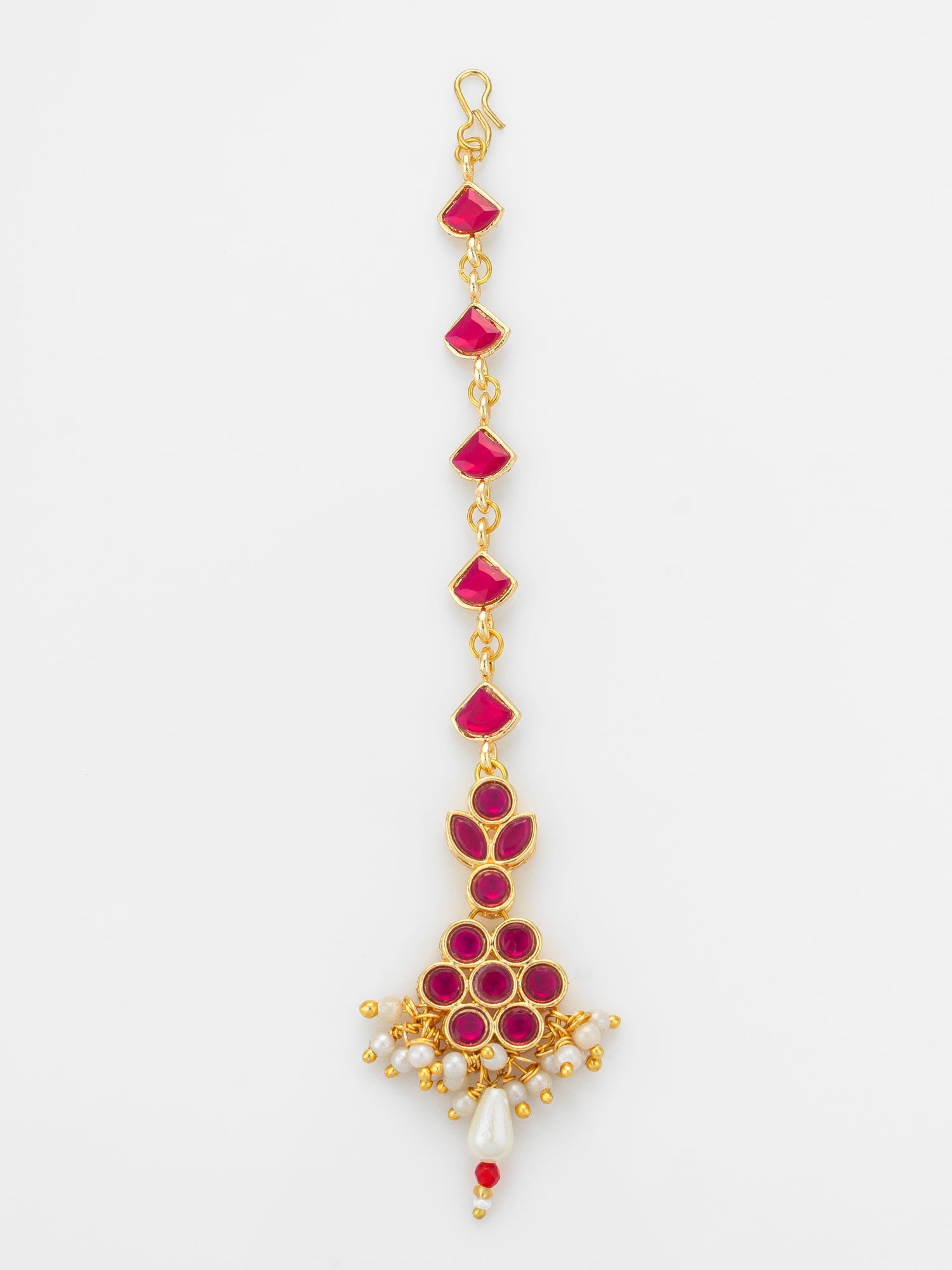 Aadita Gold Plated Ruby Square Chain Mangtika with Floral Cluster Pendant and Pearl Drop Fringe