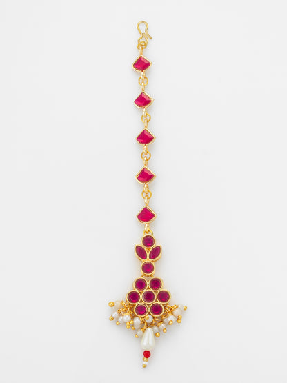 Aadita Gold Plated Ruby Square Chain Mangtika with Floral Cluster Pendant and Pearl Drop Fringe