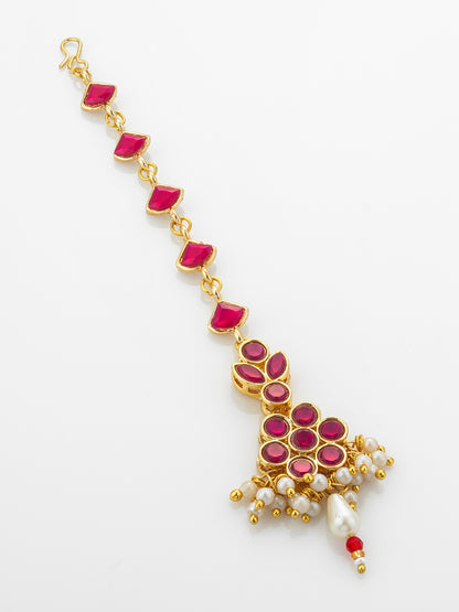 Aadita Gold Plated Ruby Square Chain Mangtika with Floral Cluster Pendant and Pearl Drop Fringe