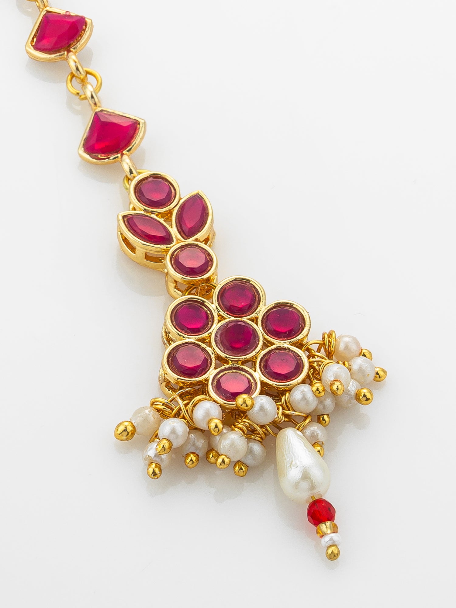 Aadita Gold Plated Ruby Square Chain Mangtika with Floral Cluster Pendant and Pearl Drop Fringe