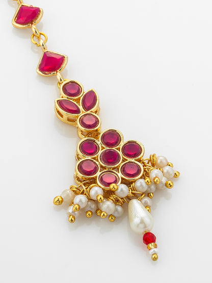 Aadita Gold Plated Ruby Square Chain Mangtika with Floral Cluster Pendant and Pearl Drop Fringe