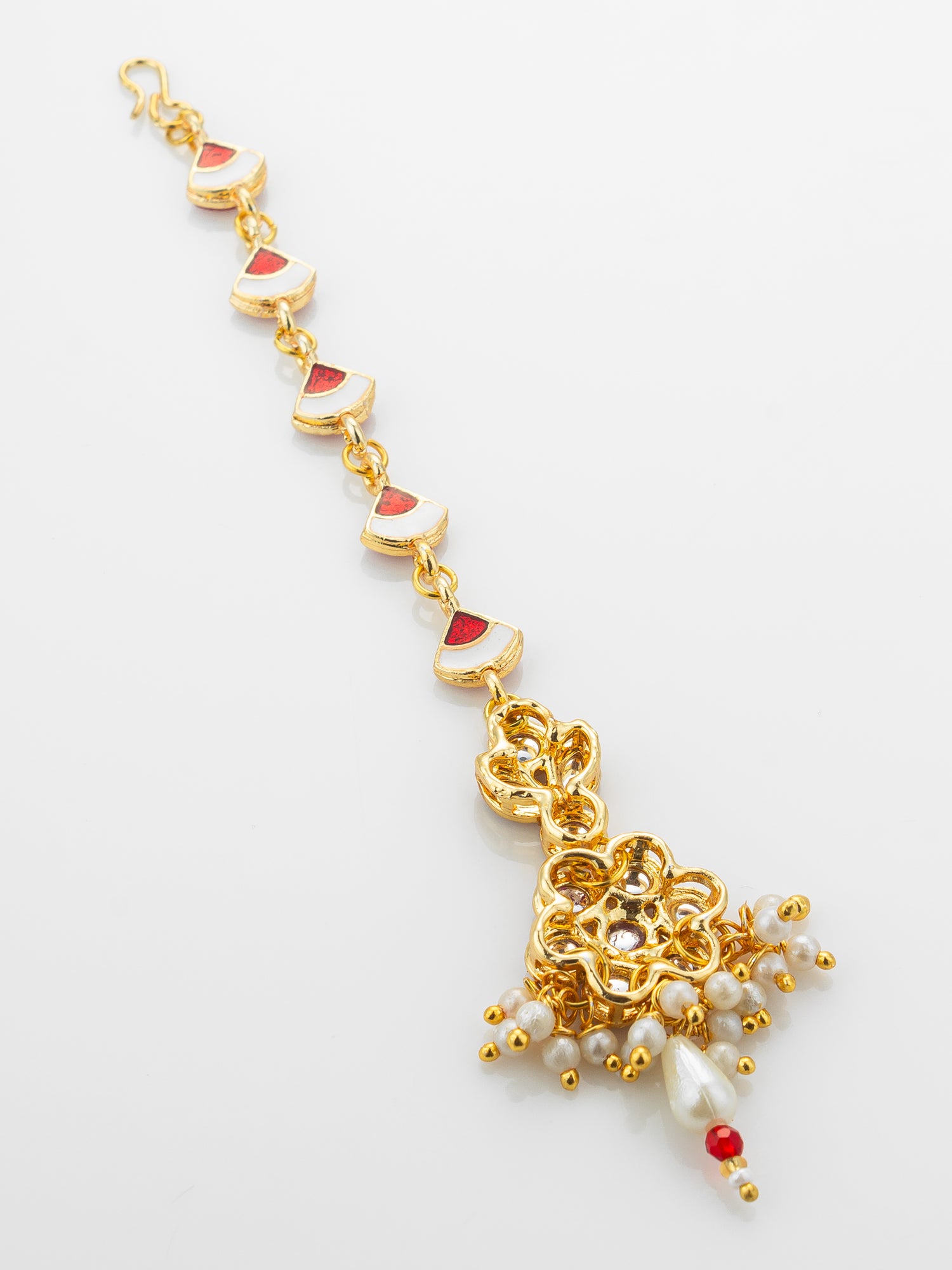 Aadita Gold Plated Ruby Square Chain Mangtika with Floral Cluster Pendant and Pearl Drop Fringe