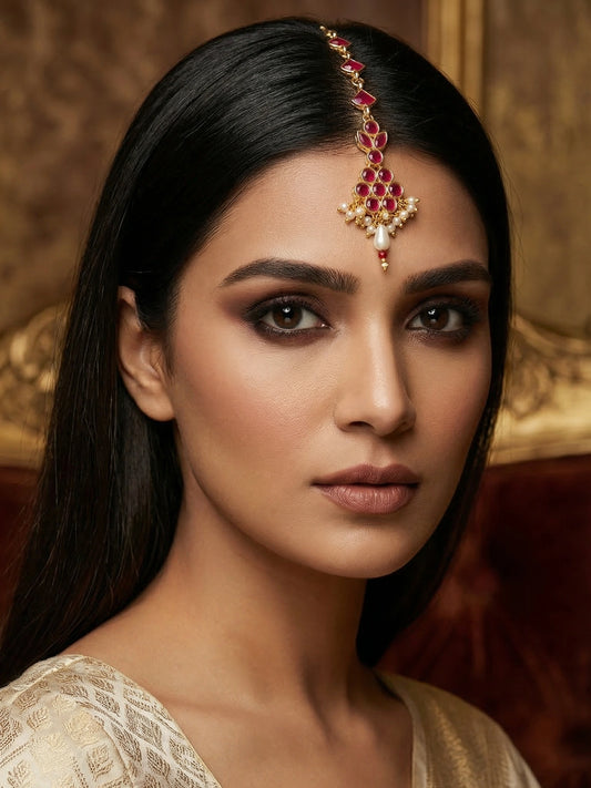 Aadita Gold Plated Ruby Square Chain Mangtika with Floral Cluster Pendant and Pearl Drop Fringe