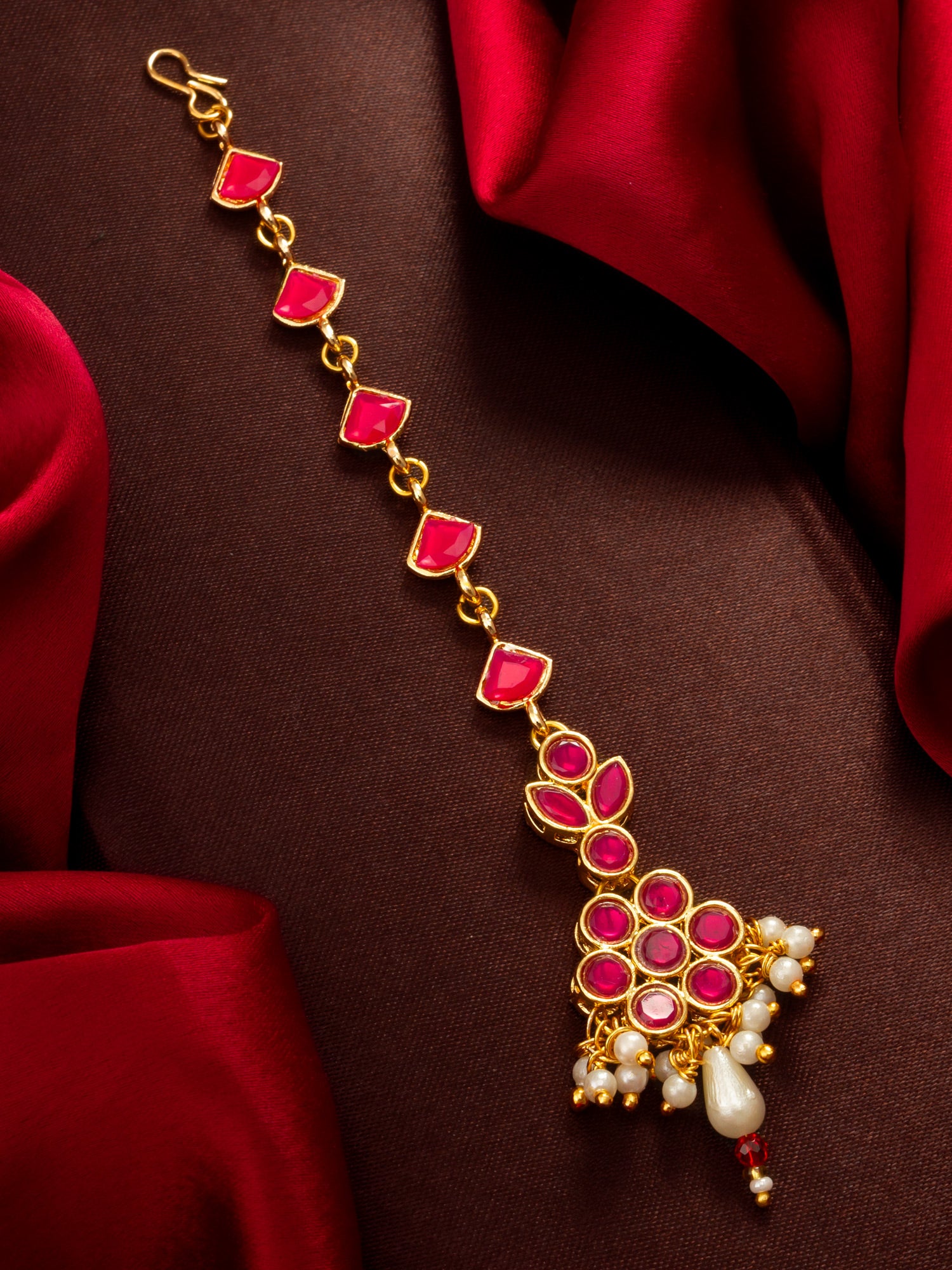 Aadita Gold Plated Ruby Square Chain Mangtika with Floral Cluster Pendant and Pearl Drop Fringe