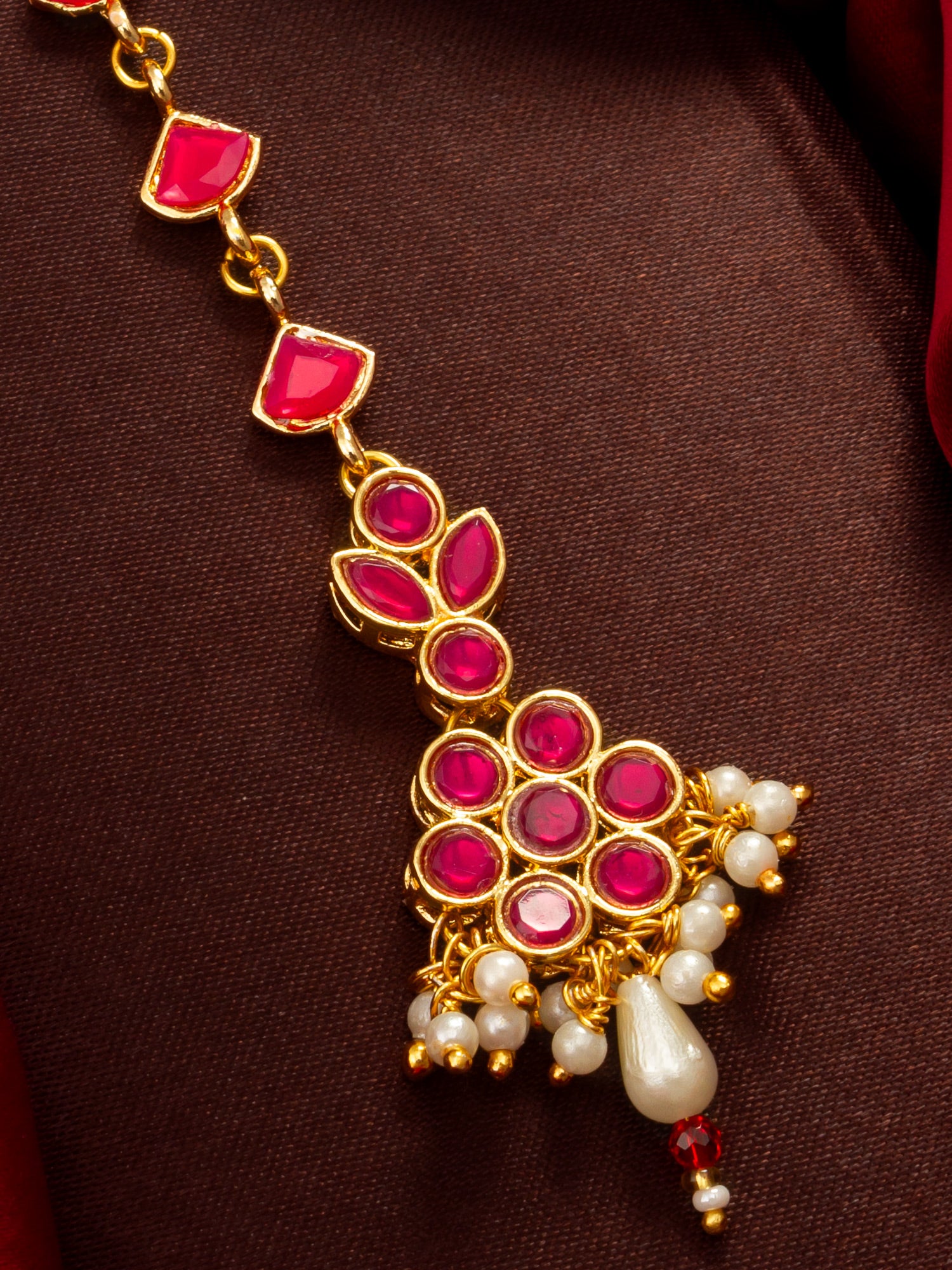 Aadita Gold Plated Ruby Square Chain Mangtika with Floral Cluster Pendant and Pearl Drop Fringe
