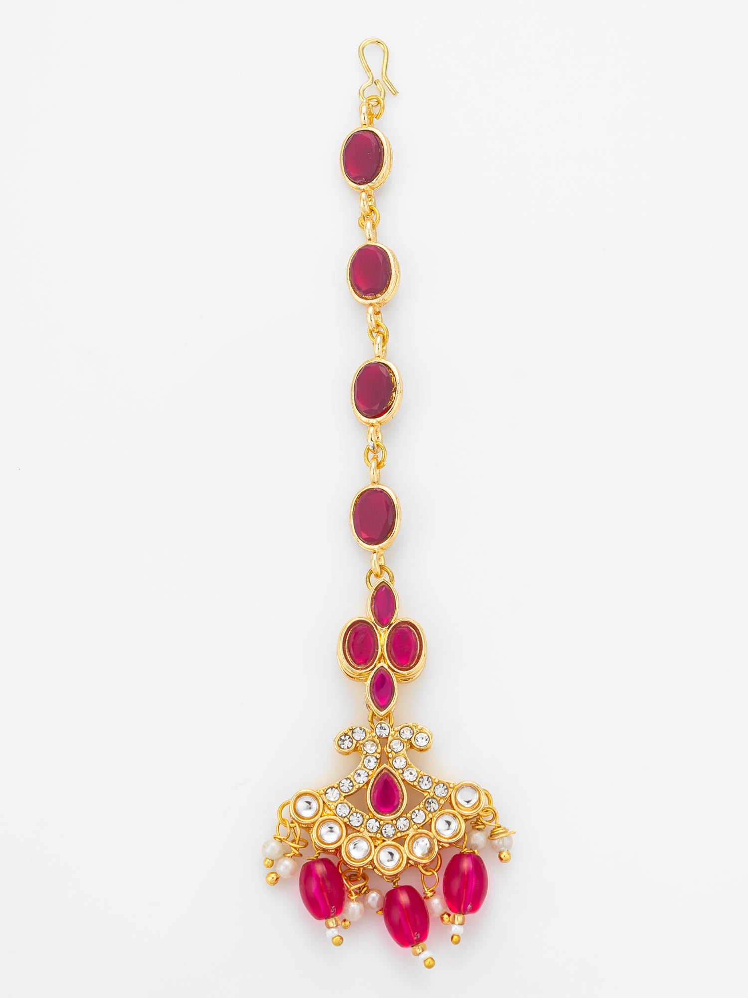 Aadita Gold Plated Ruby Oval Chain Mangtika with Cross Kundan Pendant and Pink Bead Drops