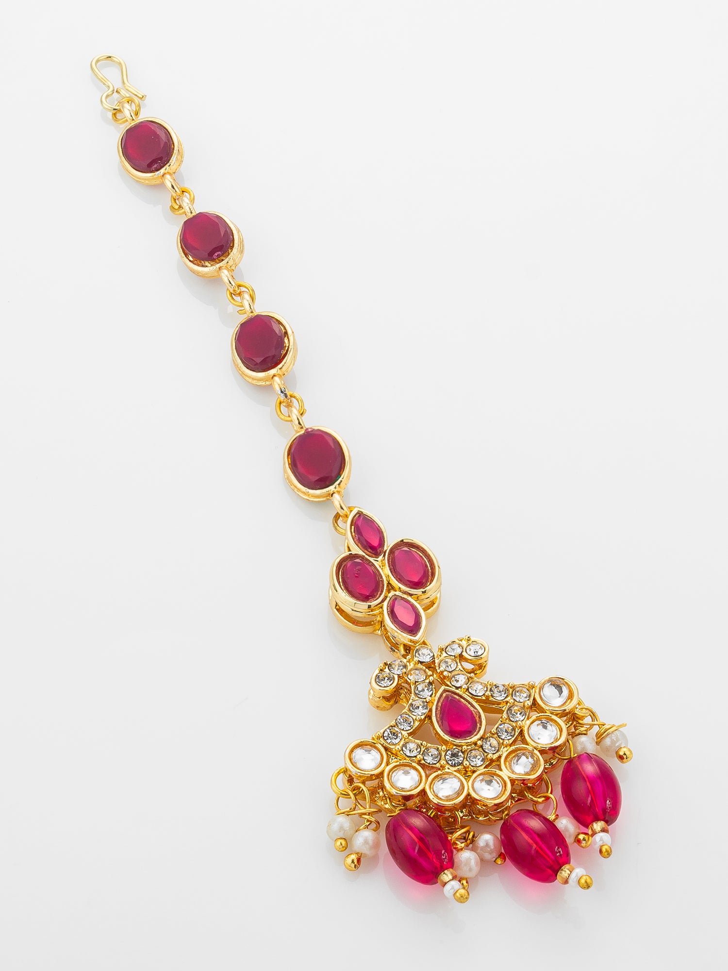Aadita Gold Plated Ruby Oval Chain Mangtika with Cross Kundan Pendant and Pink Bead Drops