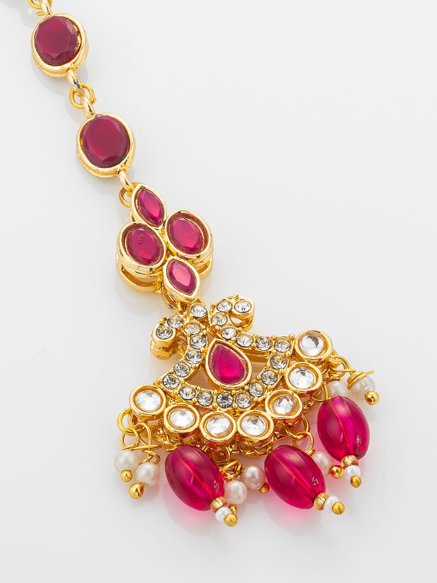Aadita Gold Plated Ruby Oval Chain Mangtika with Cross Kundan Pendant and Pink Bead Drops