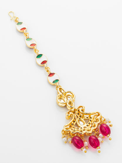 Aadita Gold Plated Ruby Oval Chain Mangtika with Cross Kundan Pendant and Pink Bead Drops