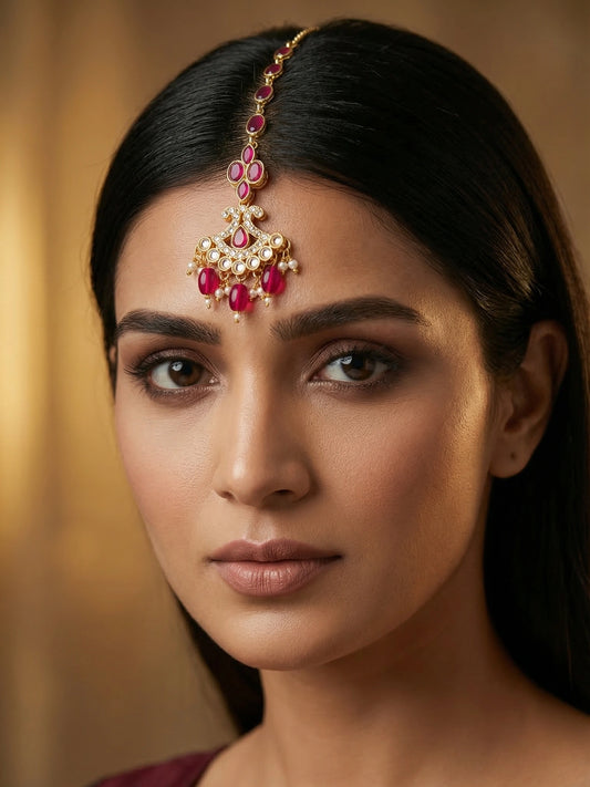 Aadita Gold Plated Ruby Oval Chain Mangtika with Cross Kundan Pendant and Pink Bead Drops