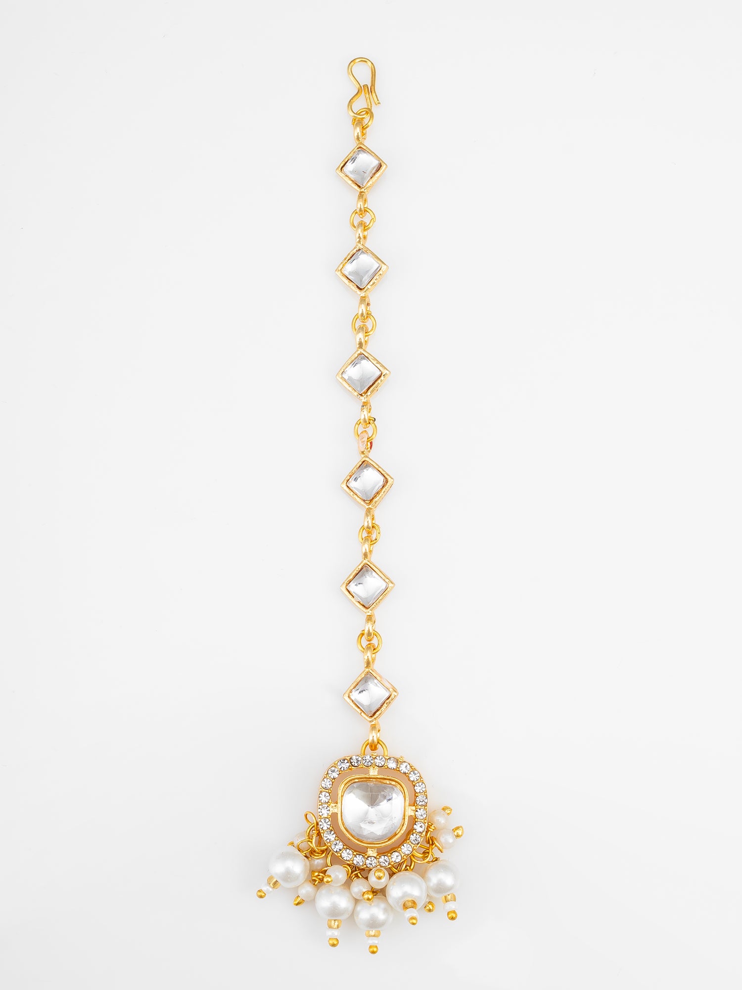 Aadita Gold Plated Square Kundan Chain Mangtika with Round Pendant and White Pearl Cluster Fringe