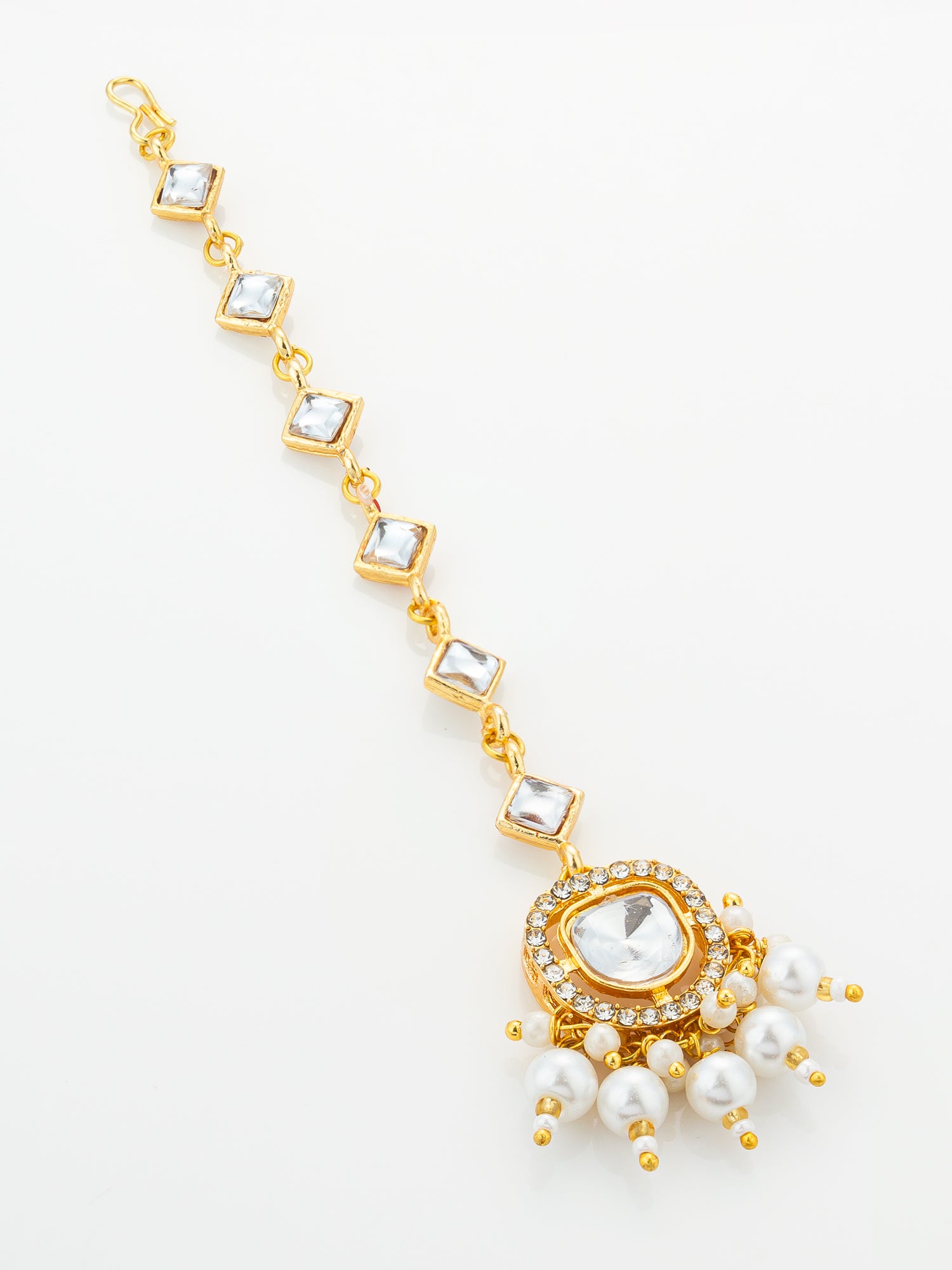 Aadita Gold Plated Square Kundan Chain Mangtika with Round Pendant and White Pearl Cluster Fringe
