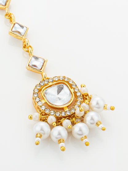 Aadita Gold Plated Square Kundan Chain Mangtika with Round Pendant and White Pearl Cluster Fringe