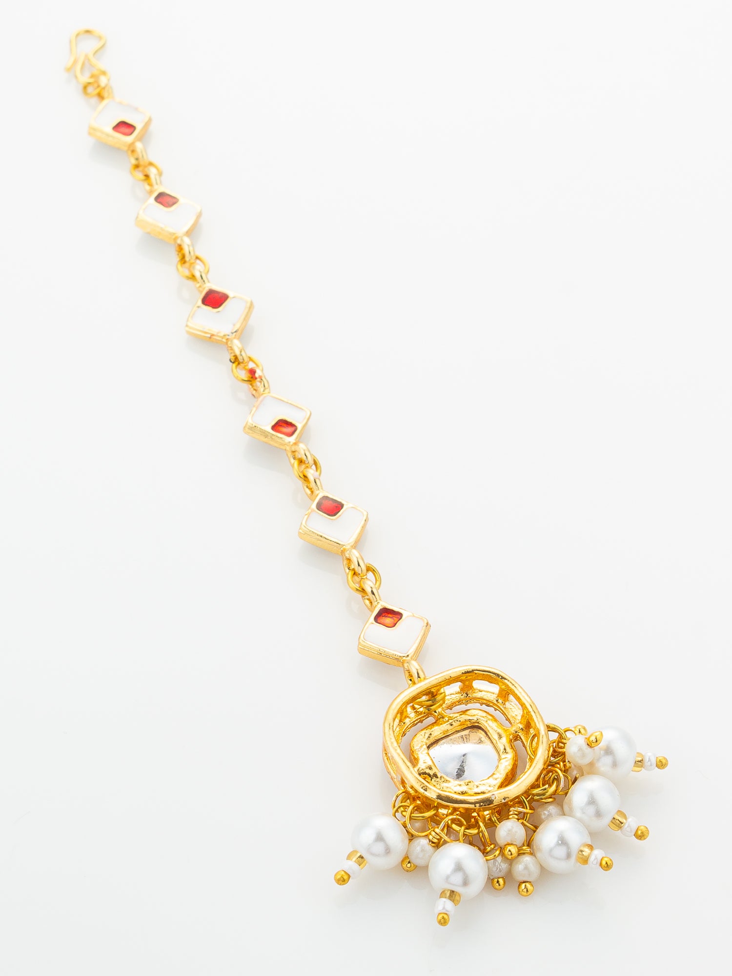 Aadita Gold Plated Square Kundan Chain Mangtika with Round Pendant and White Pearl Cluster Fringe