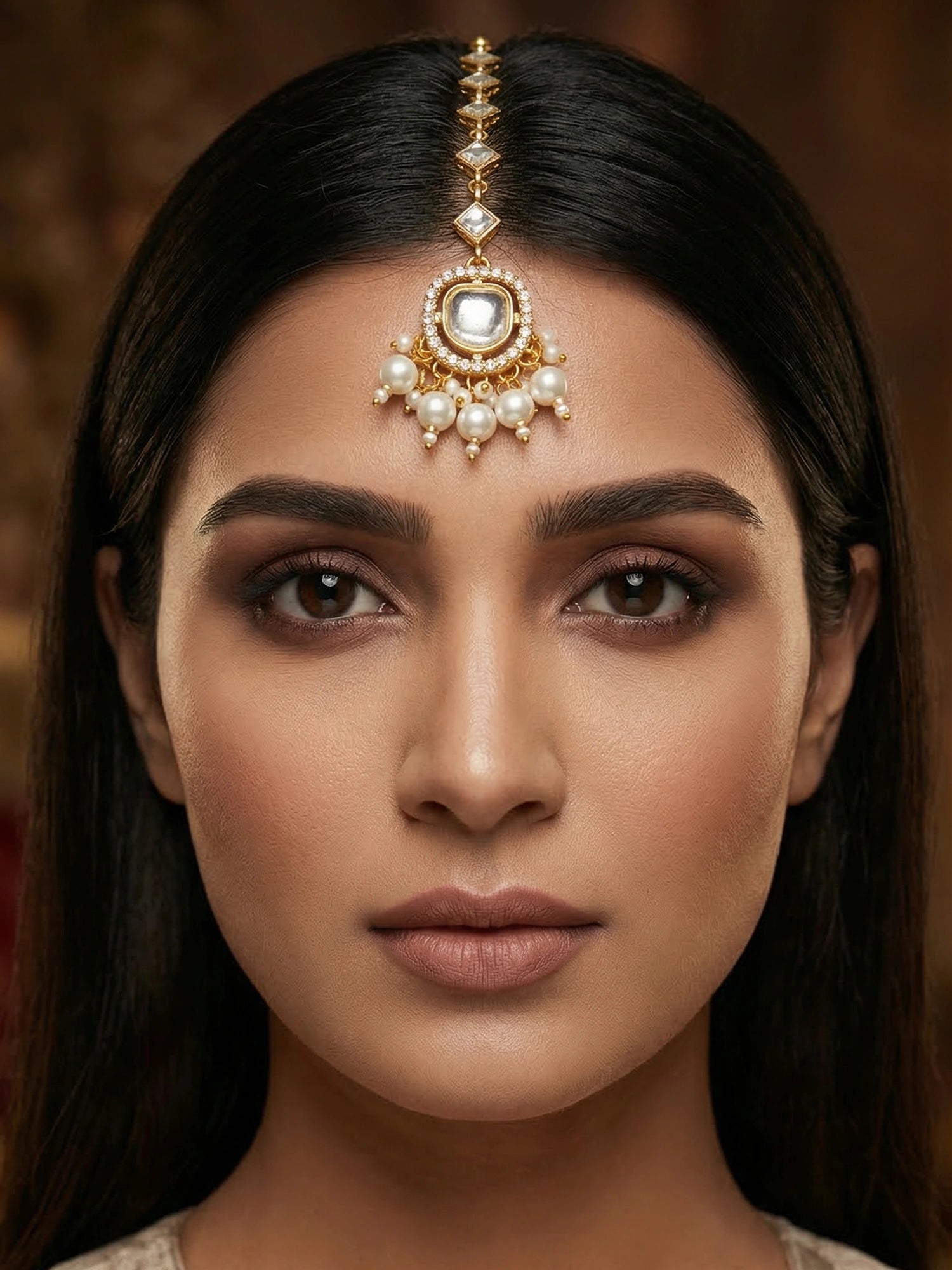Aadita Gold Plated Square Kundan Chain Mangtika with Round Pendant and White Pearl Cluster Fringe