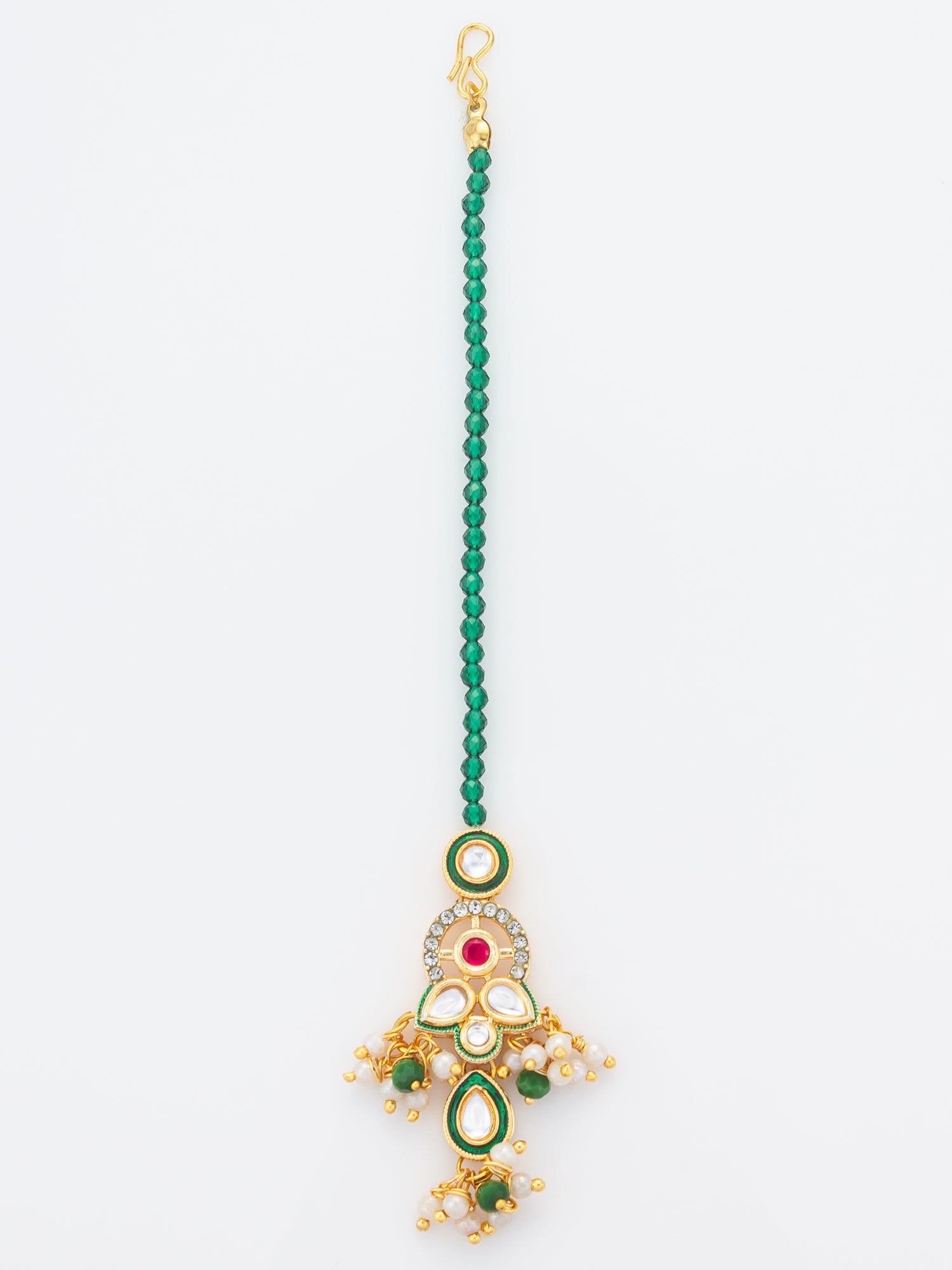 Aadita Gold Plated Green Bead Chain Mangtika with Meenakari Layered Pendant and Pearl Drops