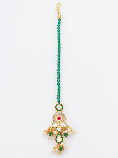 Aadita Gold Plated Green Bead Chain Mangtika with Meenakari Layered Pendant and Pearl Drops