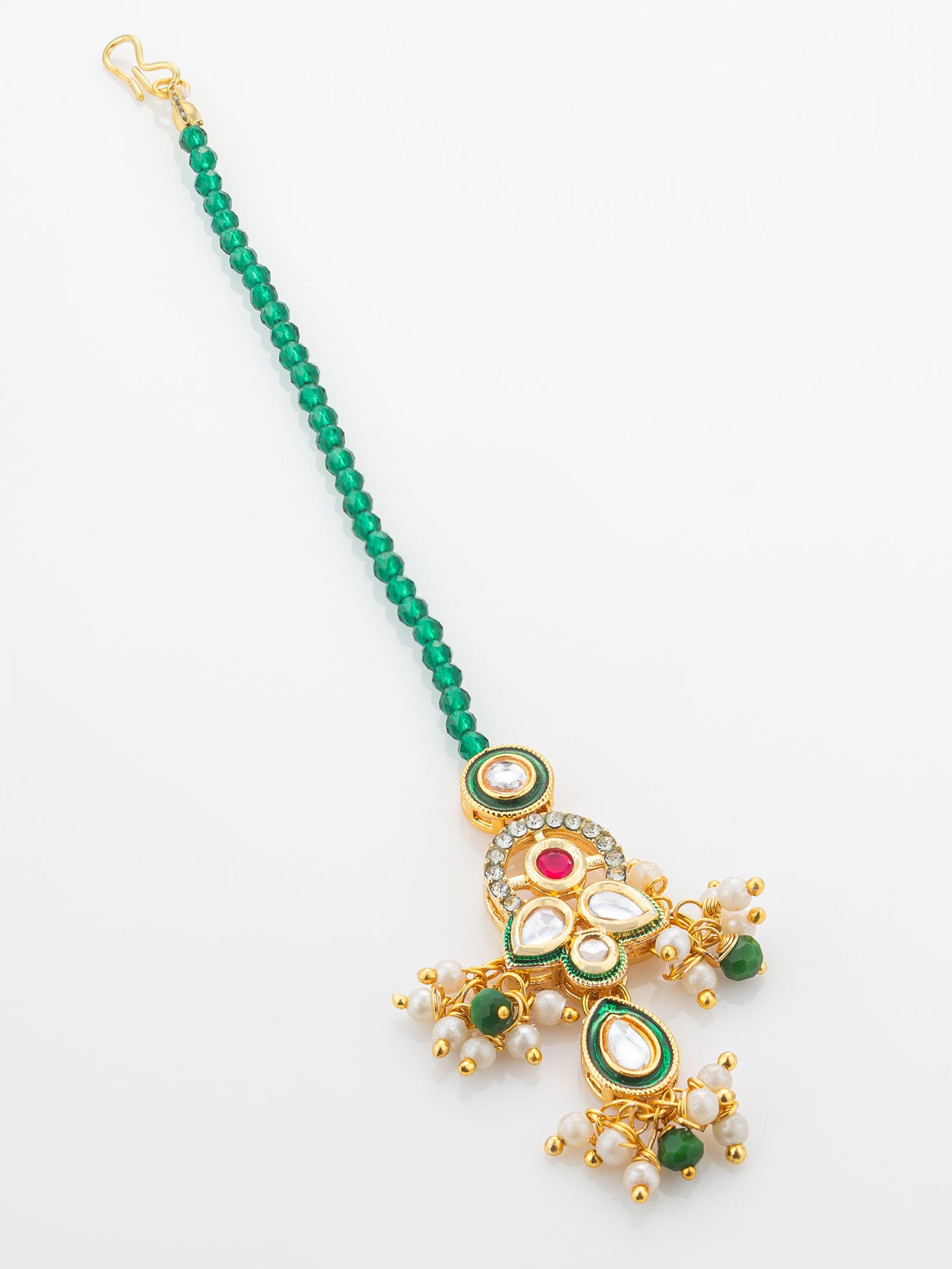 Aadita Gold Plated Green Bead Chain Mangtika with Meenakari Layered Pendant and Pearl Drops