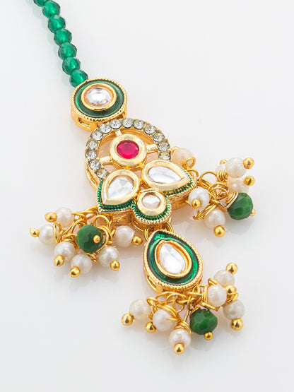 Aadita Gold Plated Green Bead Chain Mangtika with Meenakari Layered Pendant and Pearl Drops