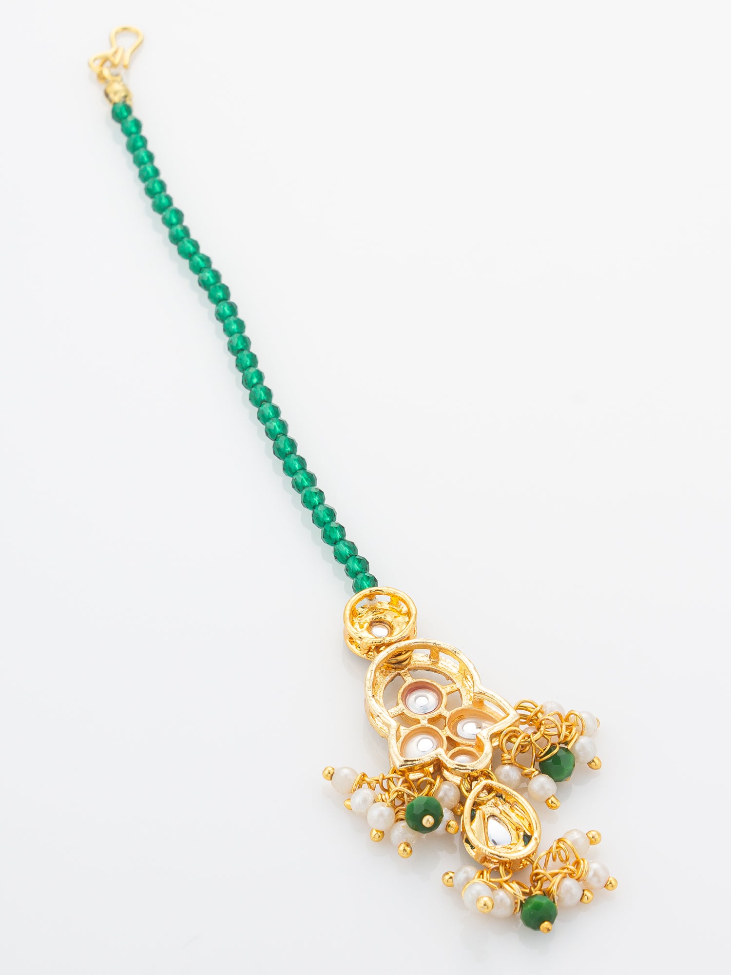 Aadita Gold Plated Green Bead Chain Mangtika with Meenakari Layered Pendant and Pearl Drops