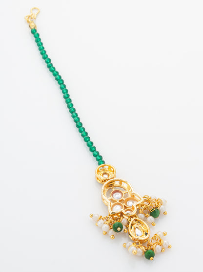 Aadita Gold Plated Green Bead Chain Mangtika with Meenakari Layered Pendant and Pearl Drops