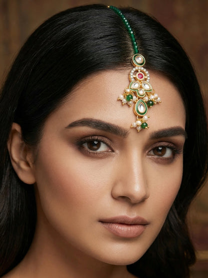 Aadita Gold Plated Green Bead Chain Mangtika with Meenakari Layered Pendant and Pearl Drops