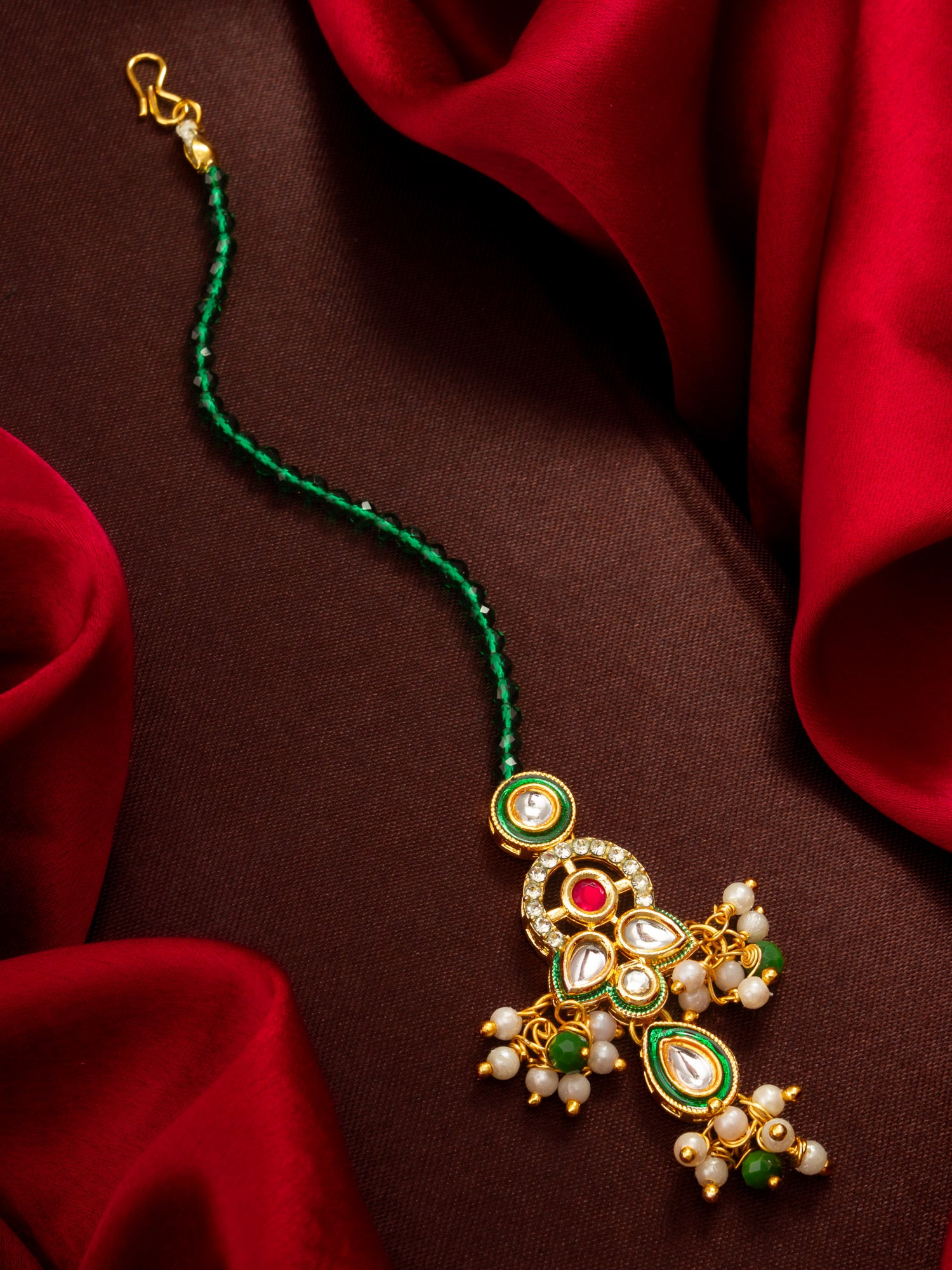 Aadita Gold Plated Green Bead Chain Mangtika with Meenakari Layered Pendant and Pearl Drops