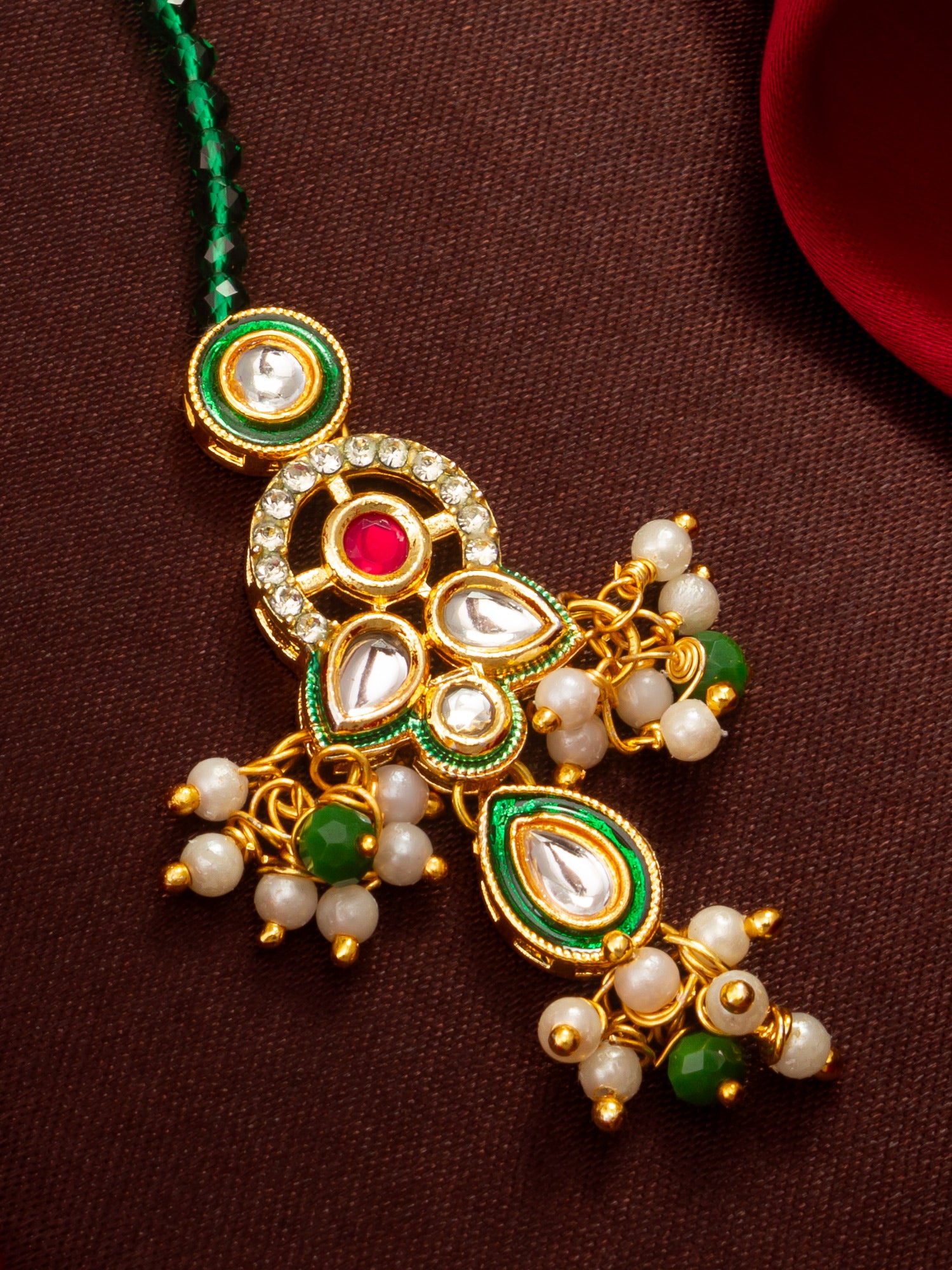 Aadita Gold Plated Green Bead Chain Mangtika with Meenakari Layered Pendant and Pearl Drops