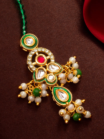 Aadita Gold Plated Green Bead Chain Mangtika with Meenakari Layered Pendant and Pearl Drops