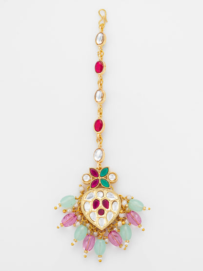 Aadita Gold Plated Mixed Oval Stone Chain Mangtika with Kundan Heart Pendant and Pastel Bead Fringe