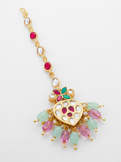 Aadita Gold Plated Mixed Oval Stone Chain Mangtika with Kundan Heart Pendant and Pastel Bead Fringe