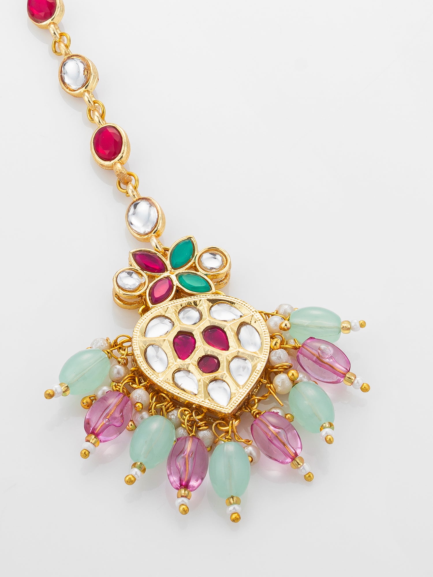Aadita Gold Plated Mixed Oval Stone Chain Mangtika with Kundan Heart Pendant and Pastel Bead Fringe