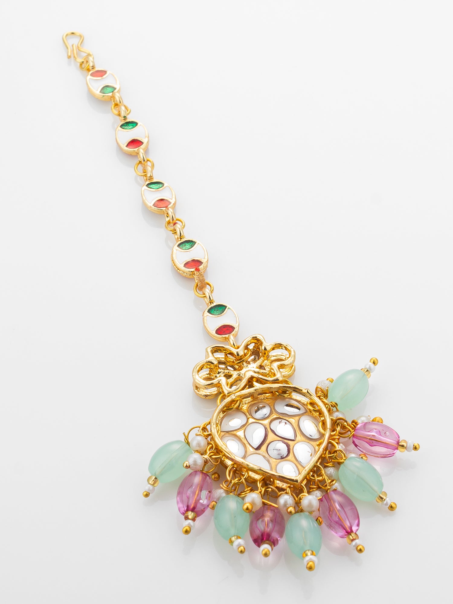 Aadita Gold Plated Mixed Oval Stone Chain Mangtika with Kundan Heart Pendant and Pastel Bead Fringe