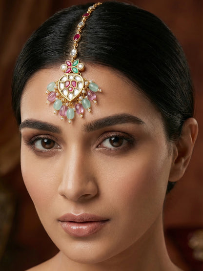 Aadita Gold Plated Mixed Oval Stone Chain Mangtika with Kundan Heart Pendant and Pastel Bead Fringe