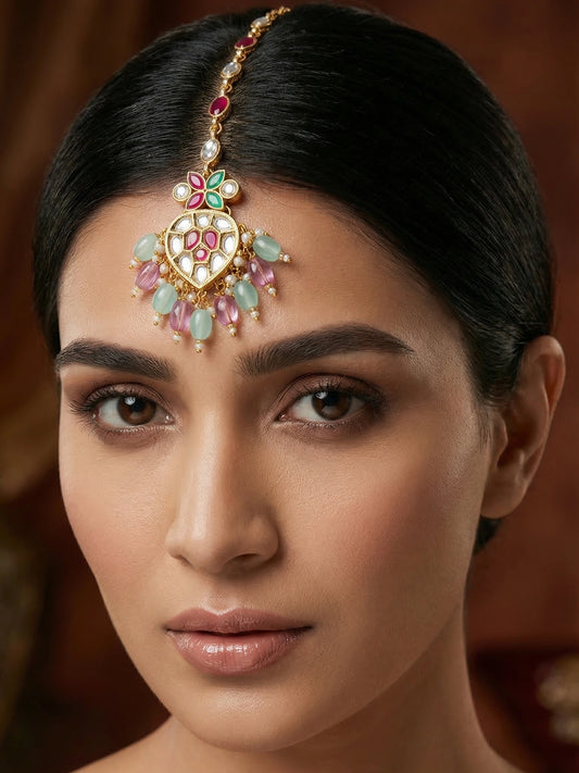 Aadita Gold Plated Mixed Oval Stone Chain Mangtika with Kundan Heart Pendant and Pastel Bead Fringe