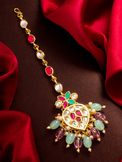 Aadita Gold Plated Mixed Oval Stone Chain Mangtika with Kundan Heart Pendant and Pastel Bead Fringe