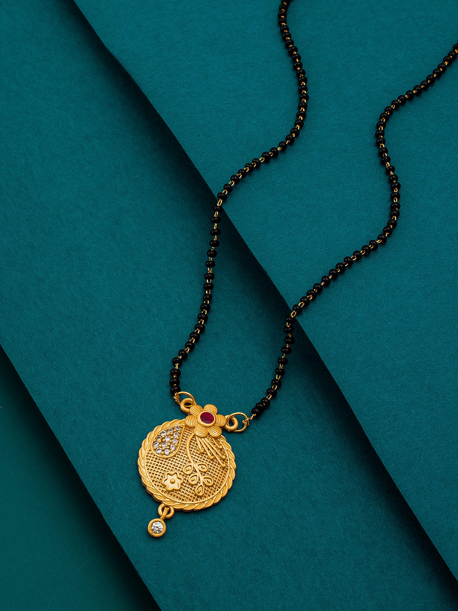 Aadita Traditional Gold Plated Floral Mangalsutra with Black Beads