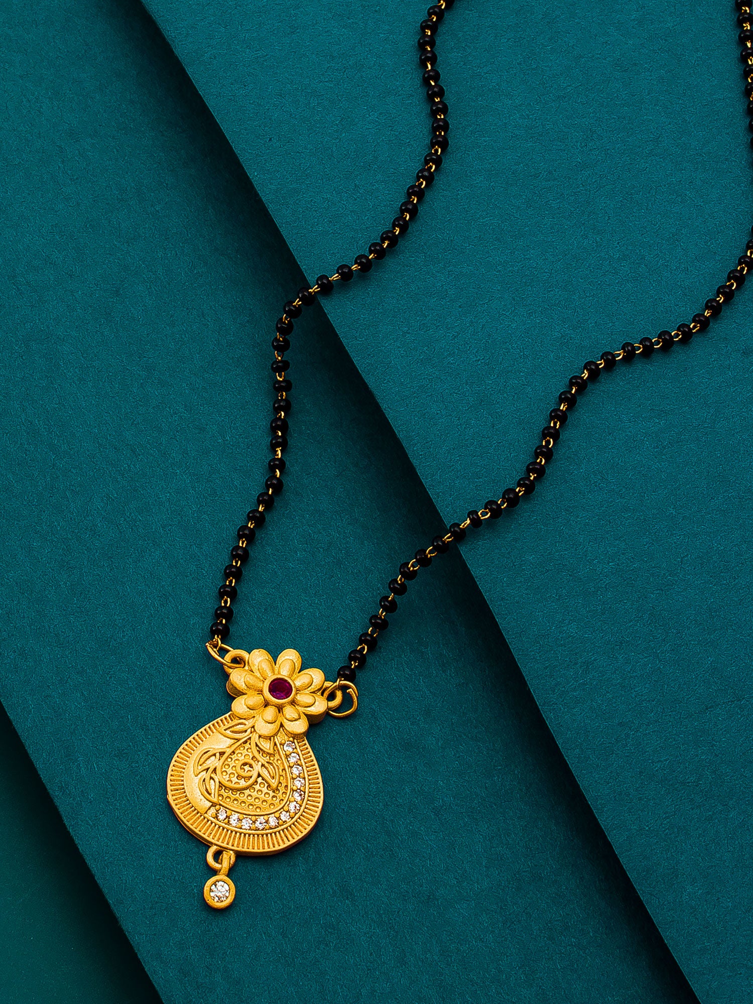 Aadita Gold Plated Teardrop Floral Mangalsutra with American Diamonds