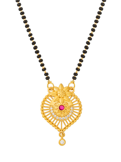 Aadita Ornate Shield Motif Mangalsutra with Pink Accent and Black Beads