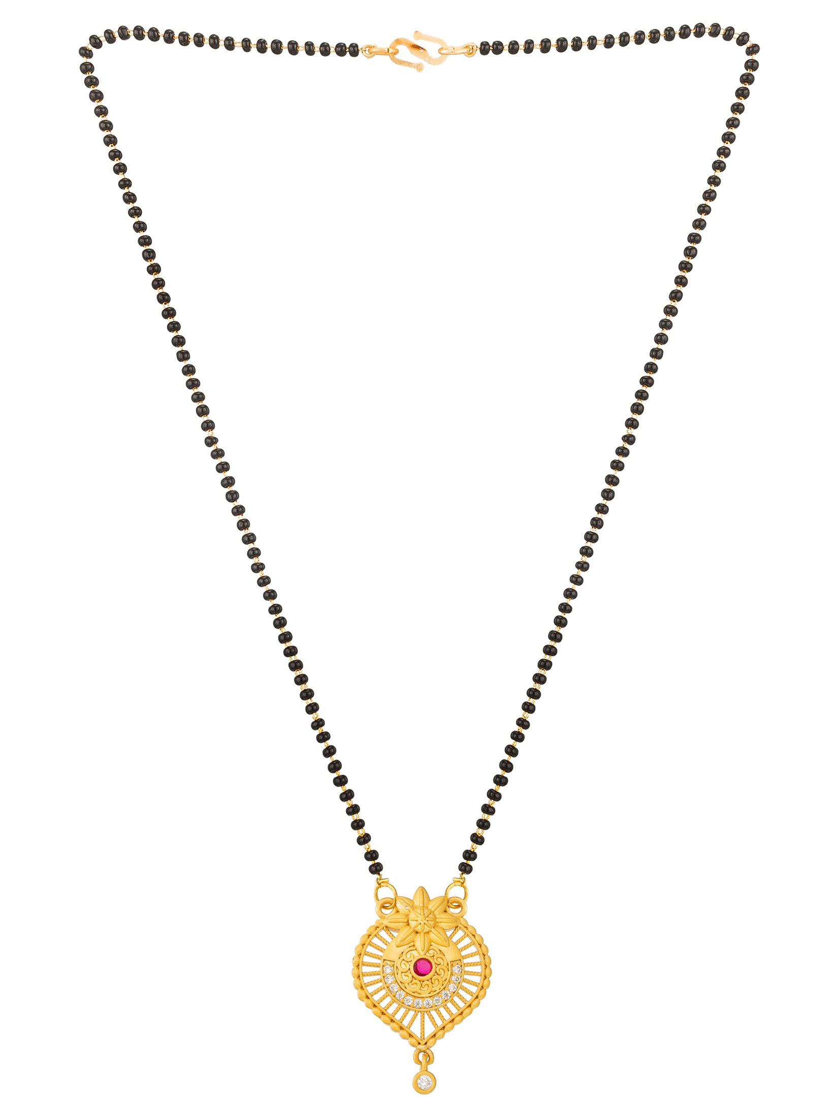 Aadita Ornate Shield Motif Mangalsutra with Pink Accent and Black Beads