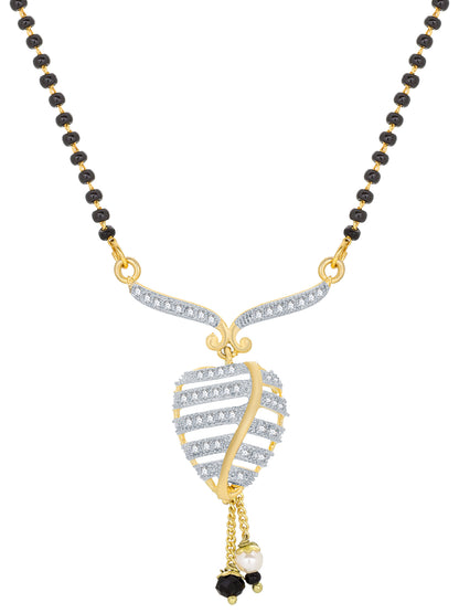 Aadita Daily Wear Gold-Toned Black Bead Mangalsutra with AD Leaf Pendant and Pearl Drop
