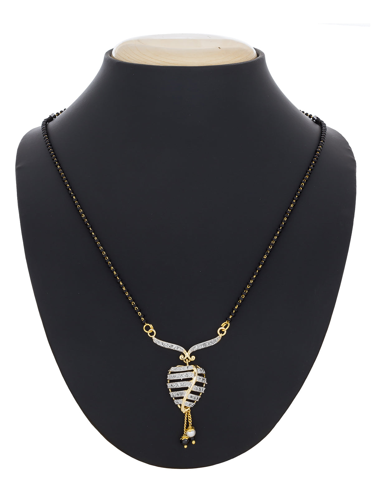 Aadita Daily Wear Gold-Toned Black Bead Mangalsutra with AD Leaf Pendant and Pearl Drop