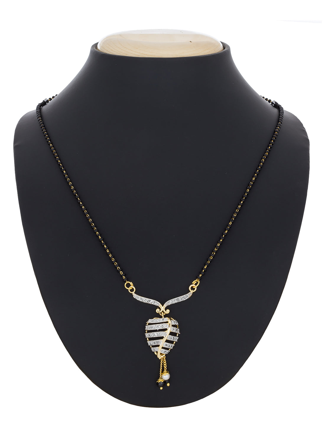 Daily Wear Gold-Toned Black Bead Mangalsutra with Leaf, Pearl Drop